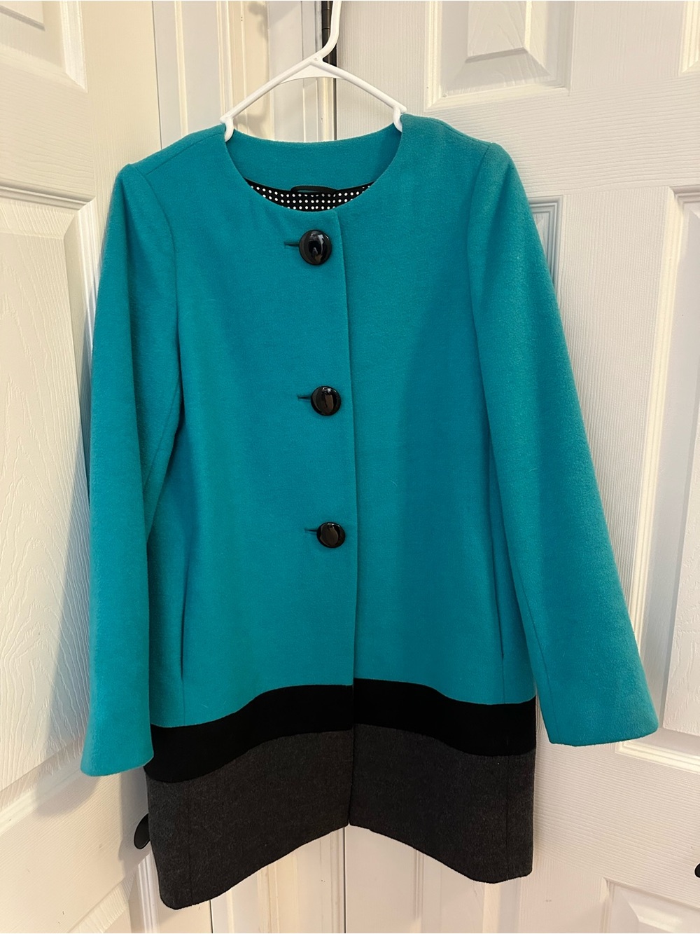 kate spade Teal and Black Colorblock Wool-Blend Pea Coat